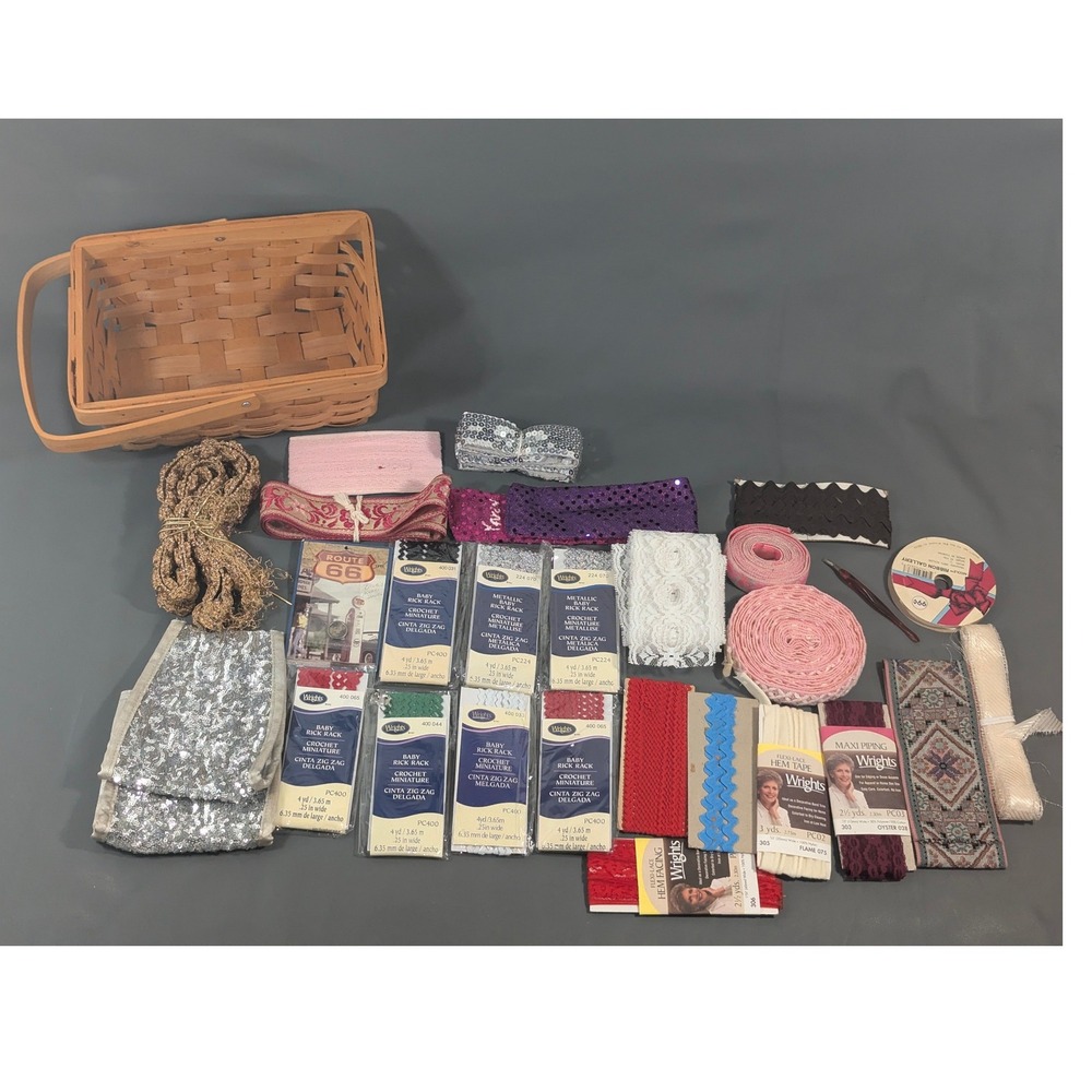 Vintage Wrights Rick Rack Lace Trim Ribbon Sewing Craft Lot with Woven Basket
